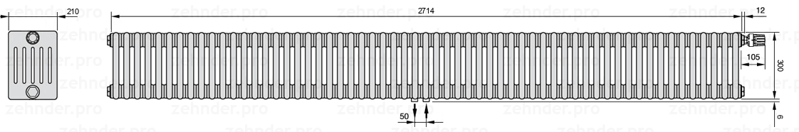 Схема (чертеж) Радиатор Zehnder Charleston 6030/59 №V008 Белый глянцевый RAL 9016